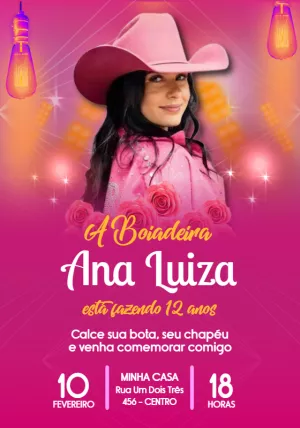 Convite de Aniversário Boiadeira Rosa para Editar Online