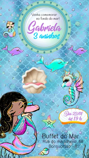 Convite Aniversário Sereia Glitter para Editar Online