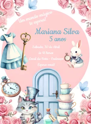 Convite Aniversário Alice no País das Maravilhas para Editar