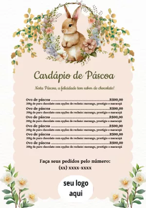 Cardápio de Páscoa com Coelho Floral para Editar Online