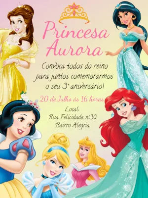 Convite de Aniversário Princesas da Disney para Editar Online