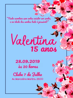 Convite 15 Anos Floral Cerejeira Azul e Rosa para Editar