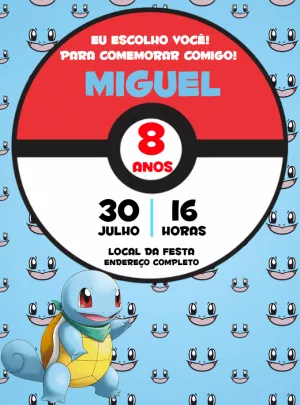 Convite de Aniversário Pokémon Squirtle para Editar Online