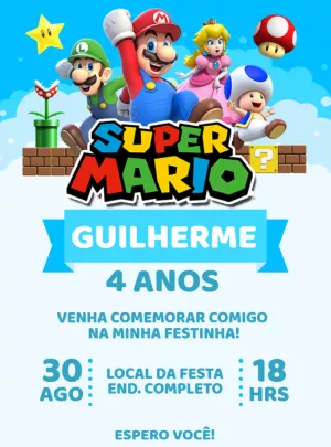 Convite de Aniversário Super Mario com Personagens para Editar