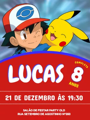 Convite Aniversário Pokémon Editável com Ash e Pikachu