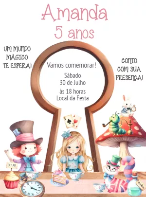 Convite Aniversário Alice no País das Maravilhas para Editar