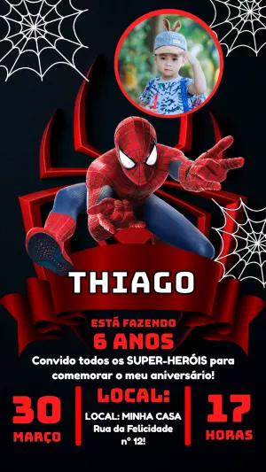 Convite Aniversário Homem Aranha com Foto para Editar Online