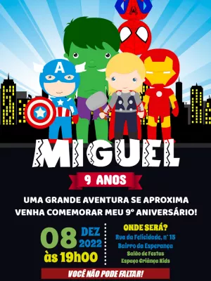 Convite Aniversário Vingadores com Heróis para Editar Online