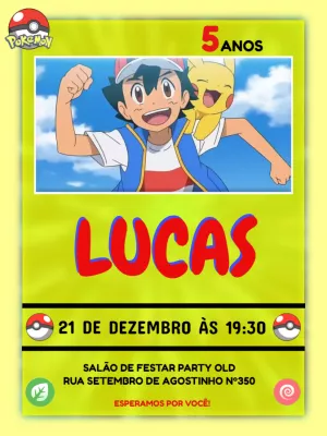 Convite de Aniversário Pokémon com Ash e Pikachu para Editar Online