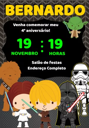 Convite Aniversário Star Wars com Personagens para Editar Online