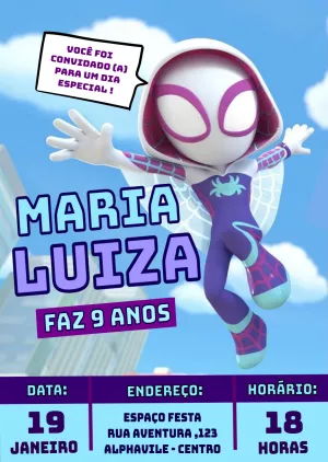 Convite Aniversário Gwen-Aranha Spidey Friends para Editar
