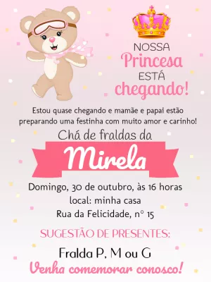 Convite Chá de Fraldas Ursinha Aviadora para Editar Online