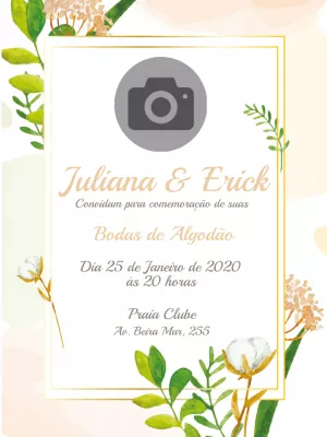 Convite Bodas de Algodão Floral com Foto para Editar Online