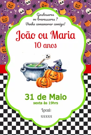 Convite de Aniversário Halloween com Abóboras para Editar