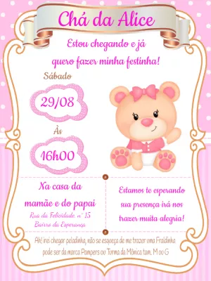 Convite Chá de Fraldas Ursinha Rosa para Editar Online