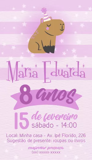 Convite de Aniversário Capivara Rosa para Editar Online