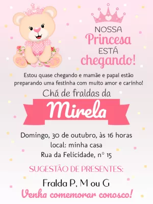 Convite Chá de Fraldas Ursinha Princesa para Editar Online