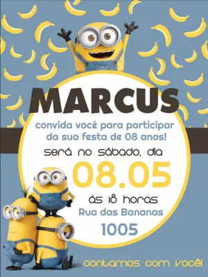 Convite de Aniversário Minions para Editar Online e Imprimir