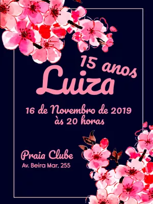 Convite 15 Anos Floral Azul Marinho e Rosa para Editar Online