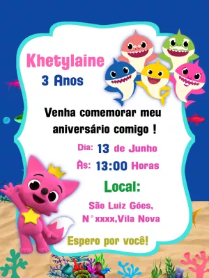 Convite de Aniversário Baby Shark com a Família Tubarão para Editar