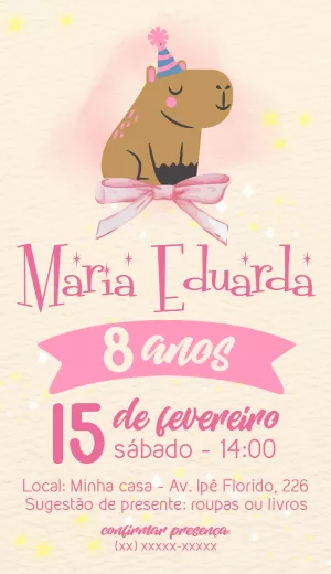 Convite de Aniversário Capivara Menina para Editar Online