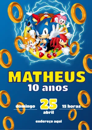 Convite de Aniversário Sonic com Personagens para Editar Online
