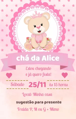 Convite Chá de Fraldas Ursinha Princesa para Editar Online