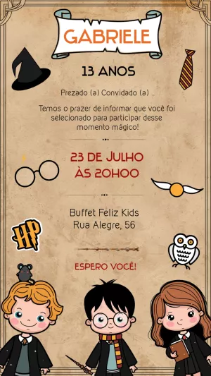 Convite Aniversário Harry Potter com Personagens para Editar Online
