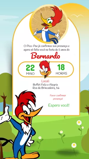 Convite de Aniversário Pica-Pau para Editar Online