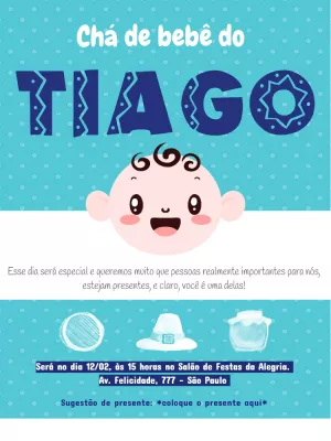 Convite Chá de Bebê Menino Azul com Desenho para Editar Online