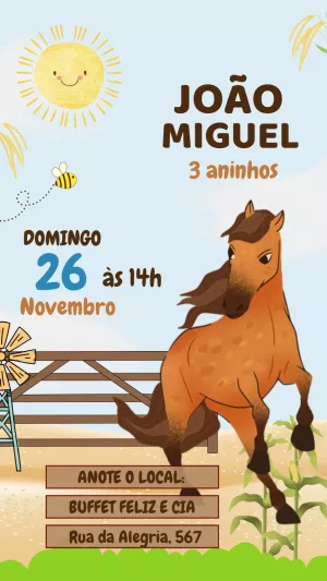 Convite Aniversário Cavalo e Fazendinha para Editar Online