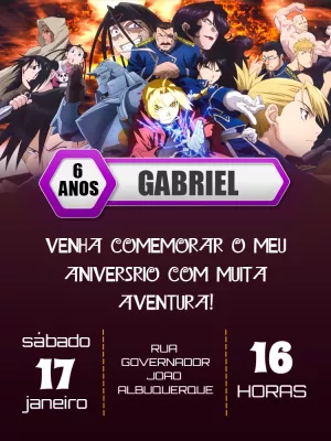 Convite de Aniversário Fullmetal Alchemist Editável Online