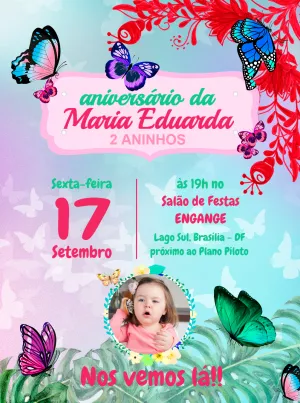 Convite Aniversário Borboleta com Foto para Editar Online