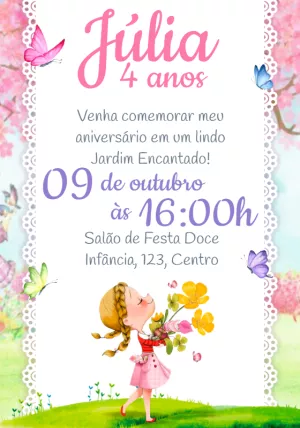 Convite Aniversário Jardim Encantado com Menina para Editar