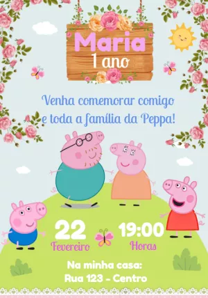 Convite Aniversário Peppa Pig Floral para Editar Online