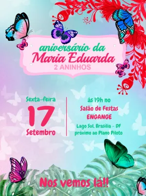 Convite de Aniversário Borboletas Coloridas para Editar Online
