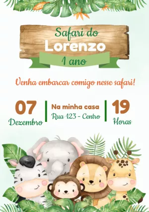 Convite Aniversário Safari Baby com Animais Fofos para Editar