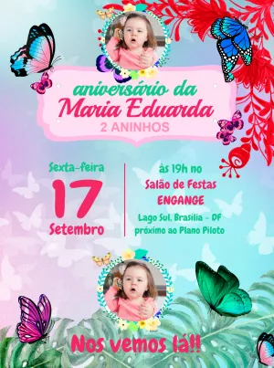 Convite de Aniversário Borboleta com Foto para Editar Online