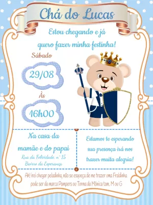 Convite Chá de Fraldas Ursinho Príncipe para Editar Online
