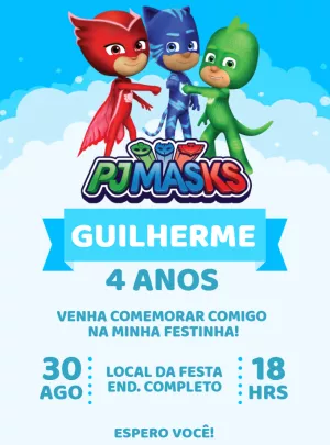 Convite de Aniversário PJ Masks com Personagens para Editar