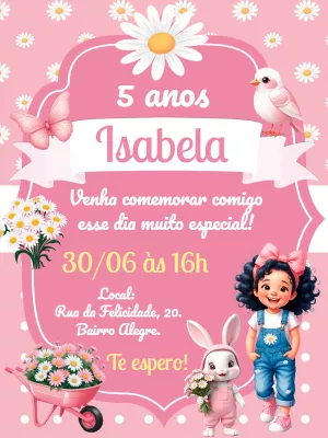 Convite Aniversário Jardim Margaridas com Menina para Editar