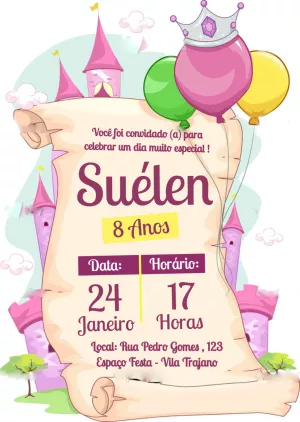Convite Aniversário Princesa Conto de Fadas para Editar Online