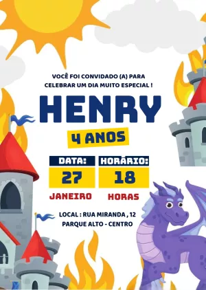Convite Aniversário Príncipe e Dragão para Editar Online