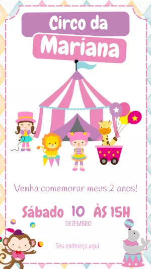 Convite de Aniversário Circo Rosa com Animais para Editar