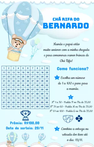 Convite Chá Rifa Ursinho Baloeiro Editável Online