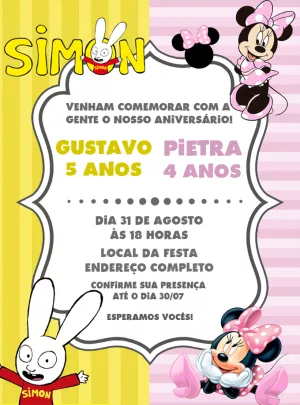 Convite Aniversário Duplo Simon e Minnie Rosa para Editar