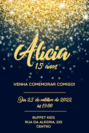 Convite Aniversário 15 anos Glitter Dourado para Editar Online