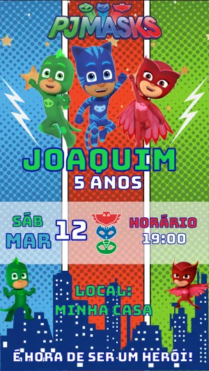 Convite de Aniversário PJ Masks com Heróis para Editar Online