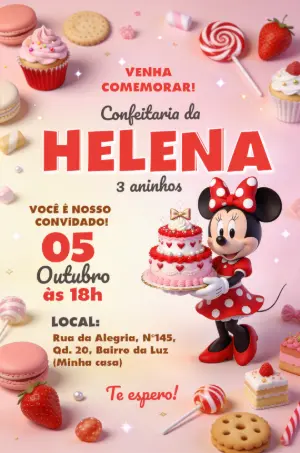 Convite de Aniversário Minnie Confeitaria | Modelo Editável