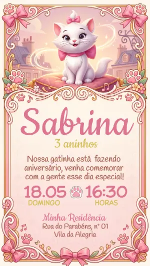 Convite de Aniversário Gatinha Marie Rosa e Dourado Editável